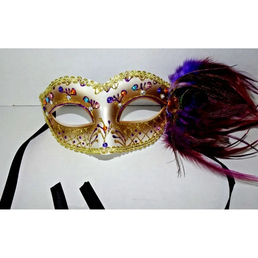 HANDPAINTED VENETIAN MAQUERADE GOLD MASK WITH PEACOCK & PURPLE FEATHERS